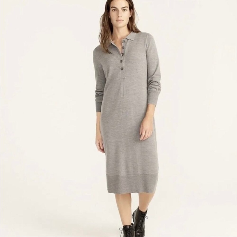 J. Crew Sweater Dress Merino Wool Gray Grey Collared Long Sleeve Midi Size XXS